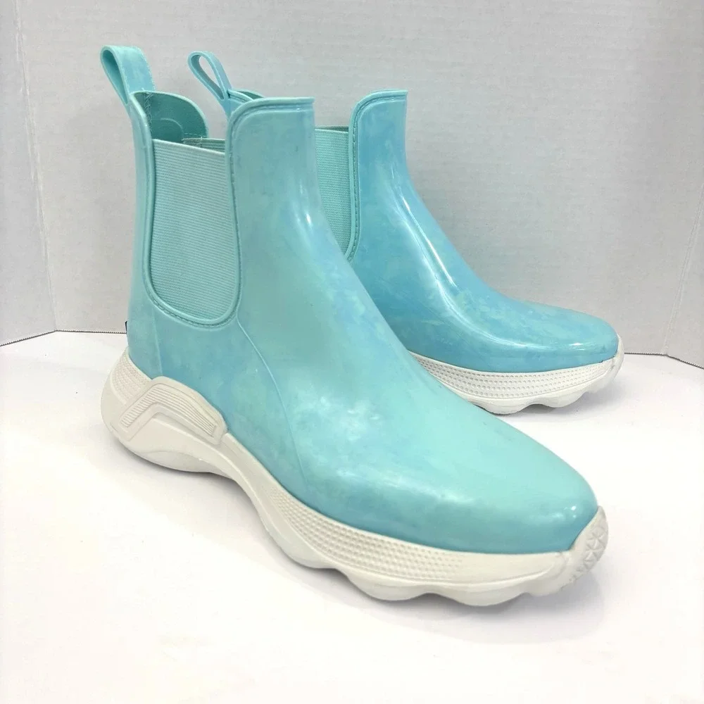 Kenneth Cole Evanna Rain Boots Womens 10 Blue Rubber Waterproof Ankle Chelsea